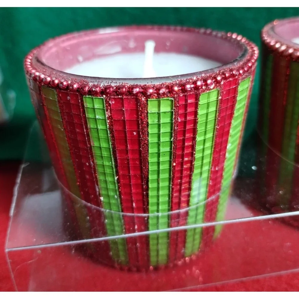 Pier 1 Imports Christmas Red & Green Mosaic Stripes Beaded Edge Votive Candles